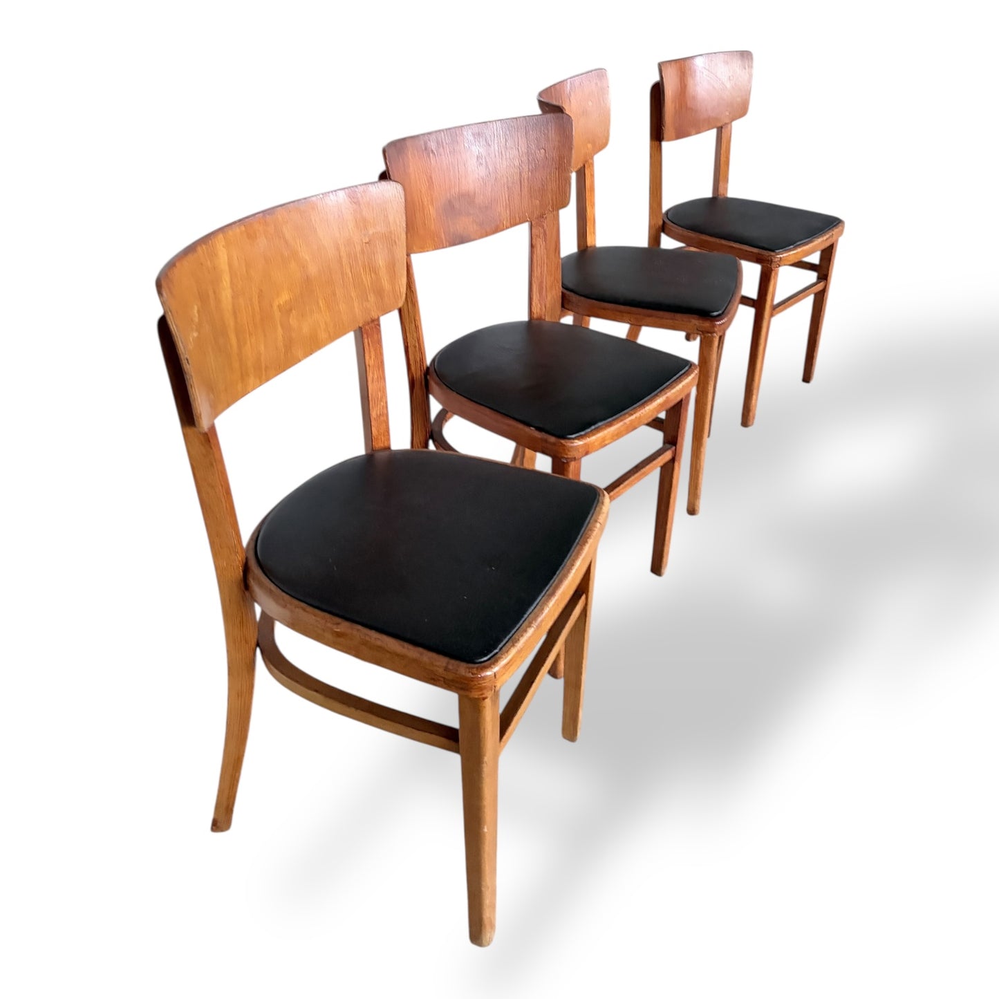 Set of Four Mid-Century Beech Dining Chairs – Black Vinyl Seats