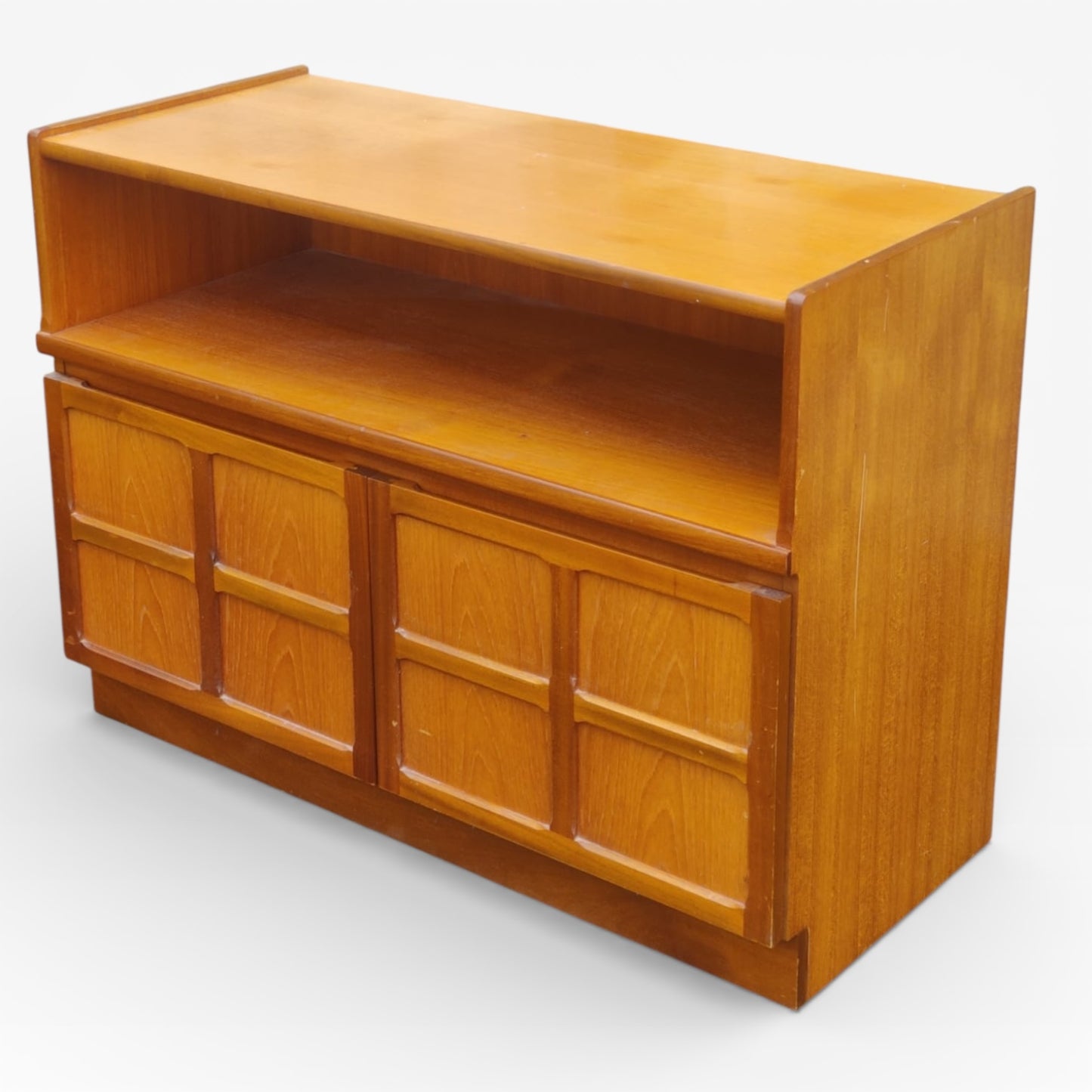 Mid Century Nathan Teak Sideboard Cabinet with Open Shelf – Vintage 1960s Compact Storage Unit