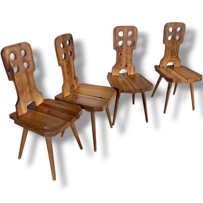 Folk Brutalist Chairs | Solid Wood Mid Century Dining Set of Four | Hand Carved