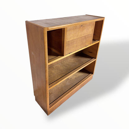 Nathan Oak Drop-Down Bureau Desk Cabinet with Sliding Glass Doors – Mid Century
