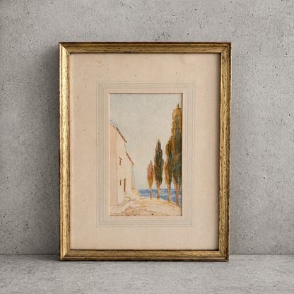 Framed Vintage Watercolour – Dreamy Coastal Scene in Gilt Frame