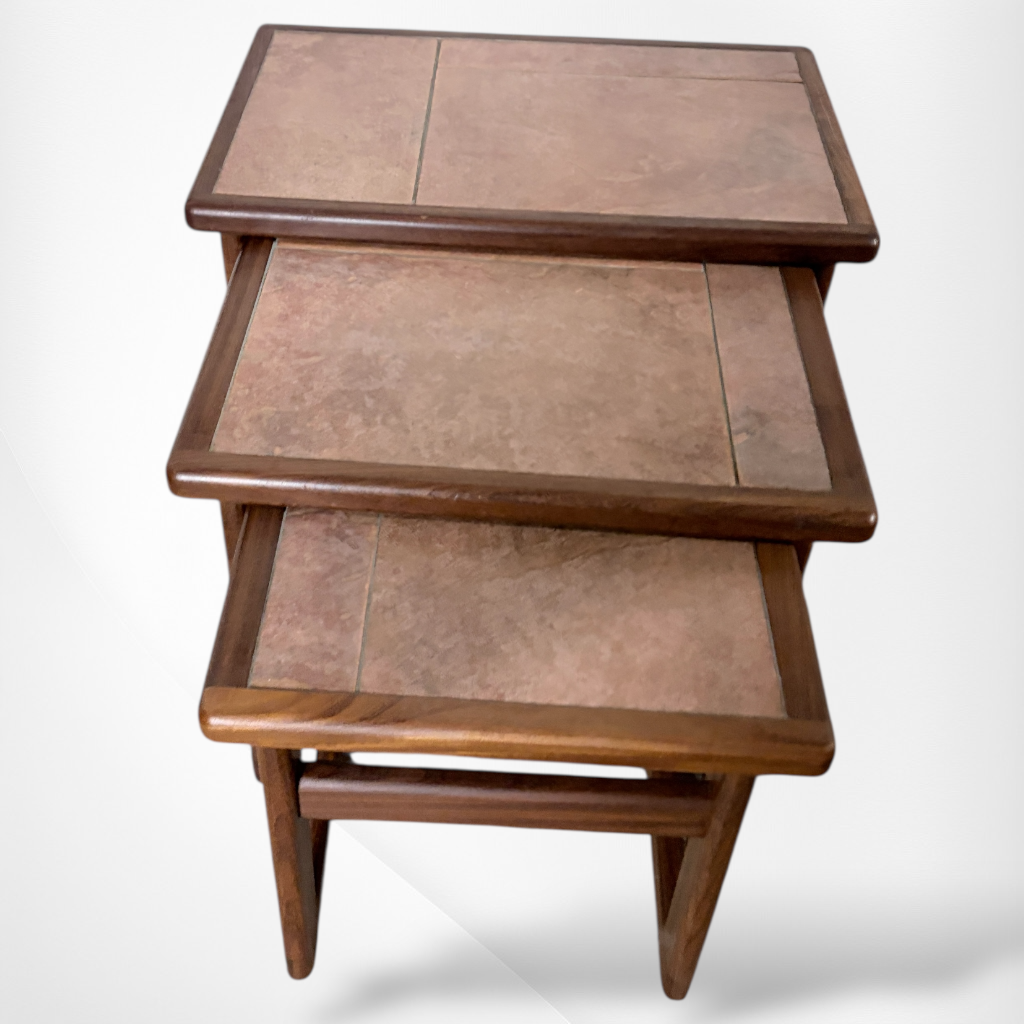 Mid Century Teak Tables – Nesting Side Tables with Ceramic Tile Tops | Scandinavian Vintage