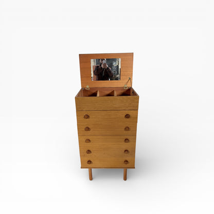 Mid-Century Teak Chest of Drawers with Lift-Up Mirror – 1960s British Vintage