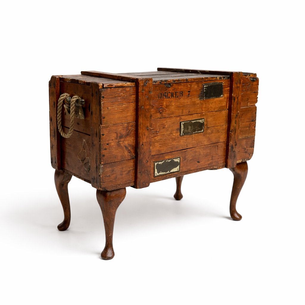 WWII Military Chest Coffee Table – Upcycled Wooden Crate with Queen Anne Cabriole Legs