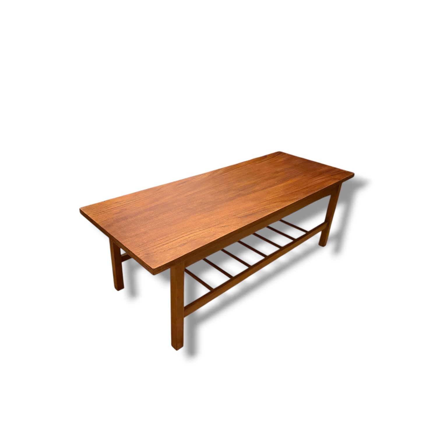 Danish Teak Coffee Table – Mid Century Vintage 1960s Solid Teak Top with Slatted Shelf