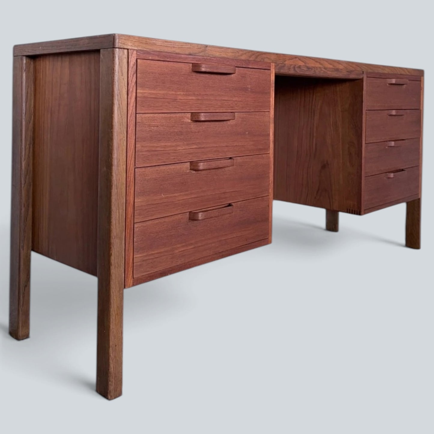 Mid Century Alfred Cox Teak and Oak Twin Pedestal Desk Eight Drawer Executive Office Desk