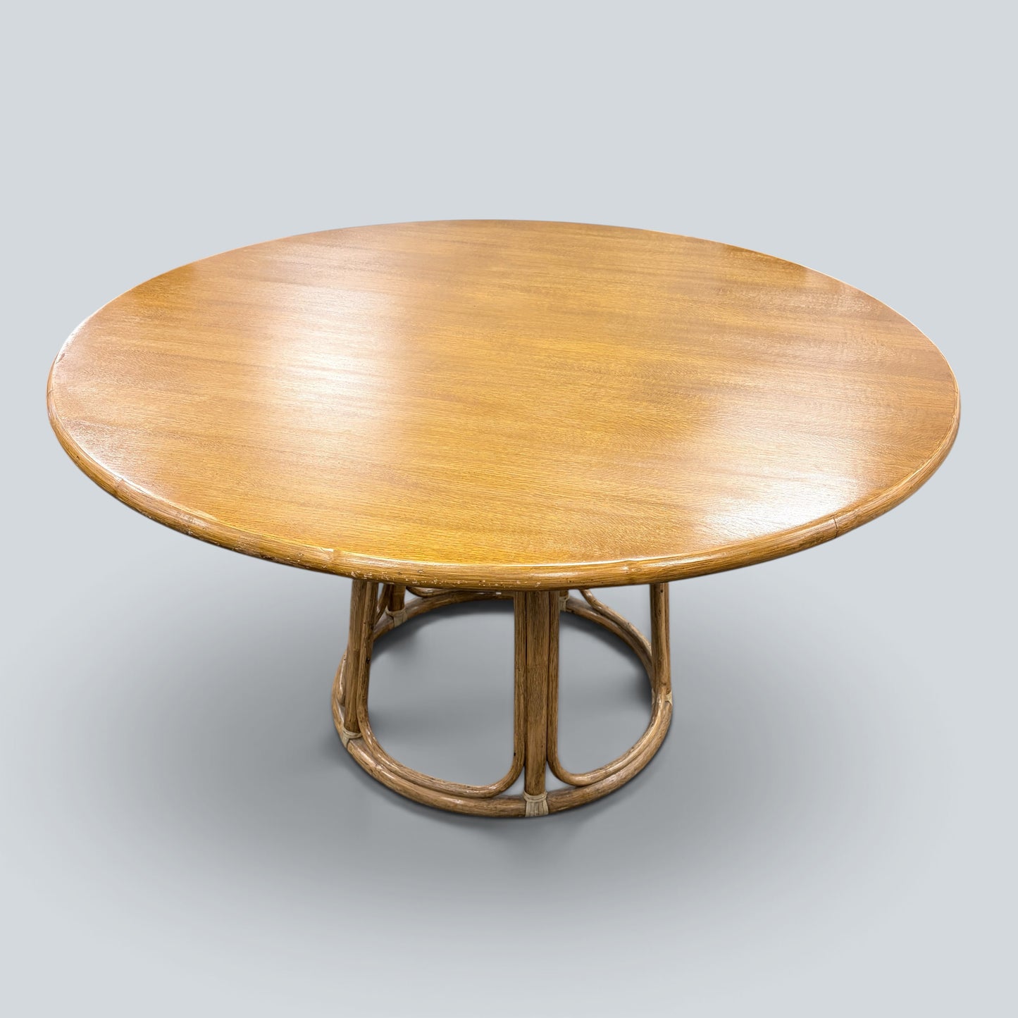 Vintage Oak & Bamboo Round Dining Table | Mid Century Rattan Pedestal Dining Table