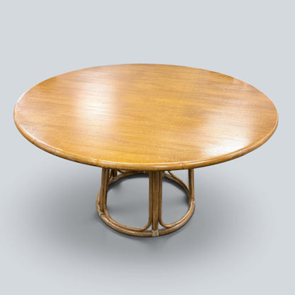 Vintage Oak & Bamboo Round Dining Table | Mid Century Rattan Pedestal Dining Table