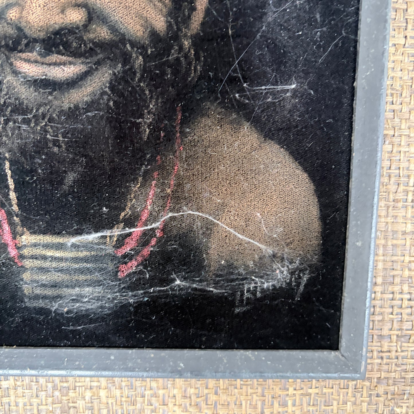 Vintage Papuan Highlander Portrait Painting in Original Hessian Frame