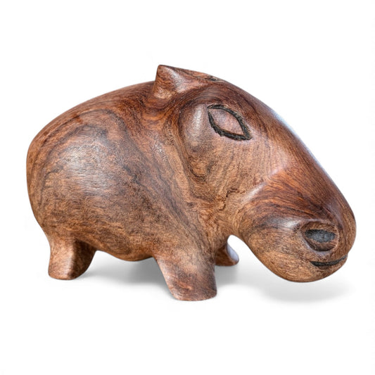 Mid Century Wooden Sculpture | Hand Carved Wood Hippo Statue With Natural Grain