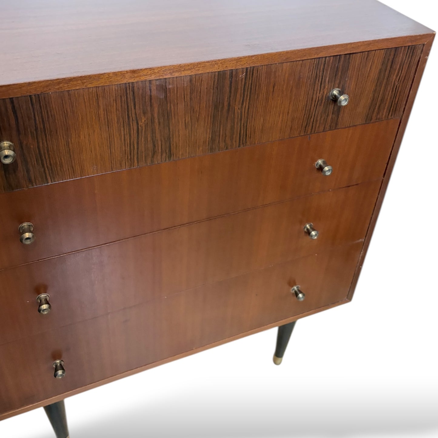 Mid Century Chest Drawers – Four Drawer Chest with Atomic Style Legs & Brass Tips