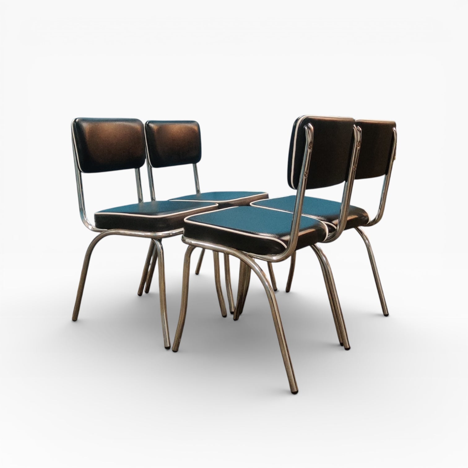 Mid Century Italian Blue Formica Dining Table & 4 Black Vinyl Chrome Chairs Set — view 15