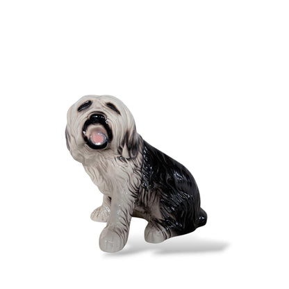 Large Vintage Old English Sheepdog Ceramic Statue – Mid-Century Black & White Glazed Dog Sculpture