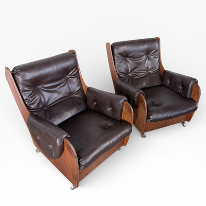 Vintage G Plan Saddleback Dark Brown Leather Armchairs (Pair)