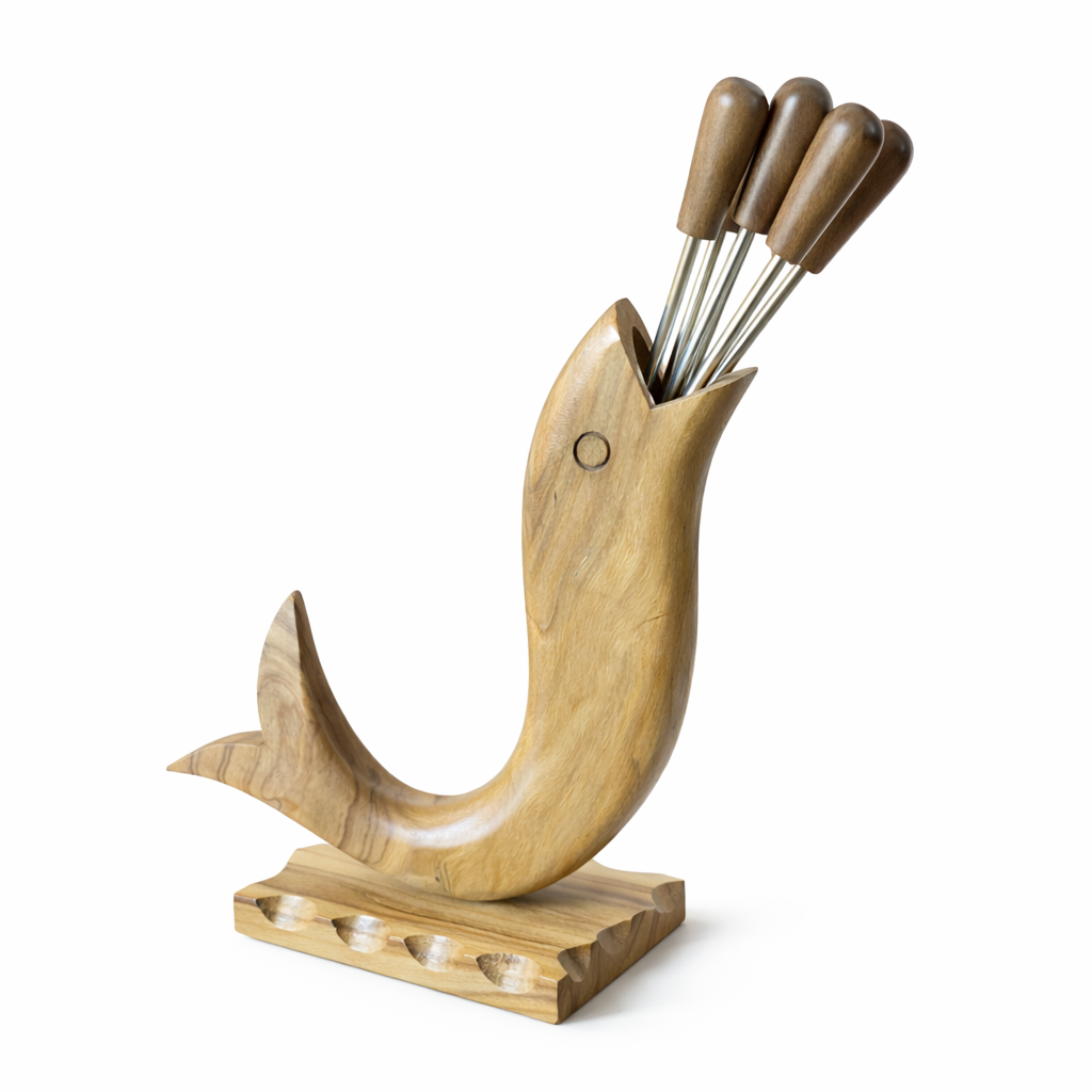 Mid-Century Olive Wood Fish-Form Knife & Pick Holder