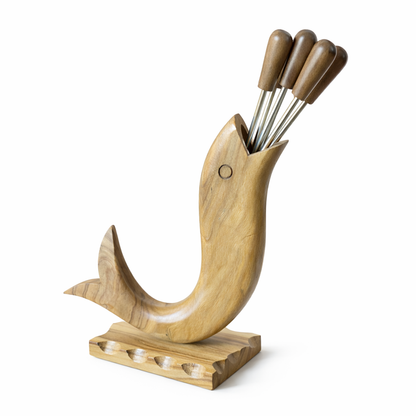 Mid-Century Olive Wood Fish-Form Knife & Pick Holder