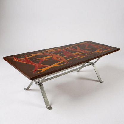 Mid Century Modern Flames Hand Painted Top Chrome Coffee Table