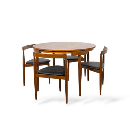 Hans Olsen Frem Røjle Teak Dining Set | Danish Mid Century Round Extending Table & 4 Tri-Leg Chairs