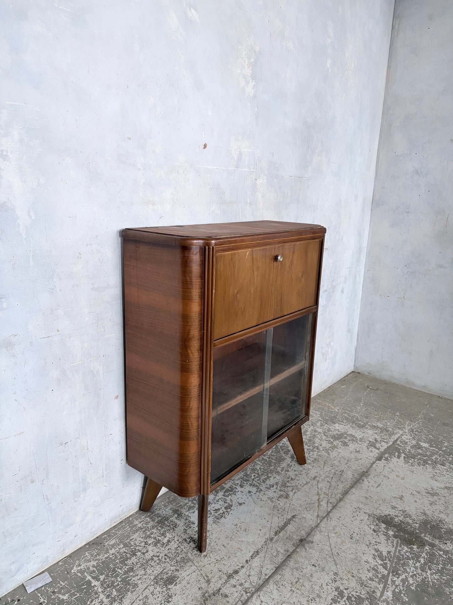 Art Deco Walnut Bureau Drinks Cabinet with Glazed Display