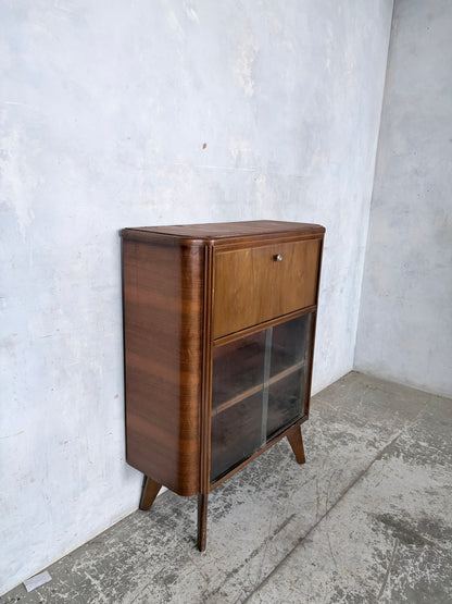 Art Deco Walnut Bureau Drinks Cabinet with Glazed Display