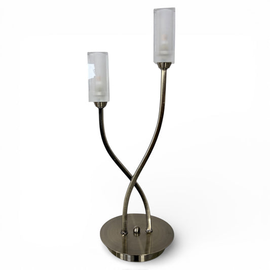 Vintage Table Lamp – Twin Arm Lamp with Frosted Glass Shades | Brass Effect Light