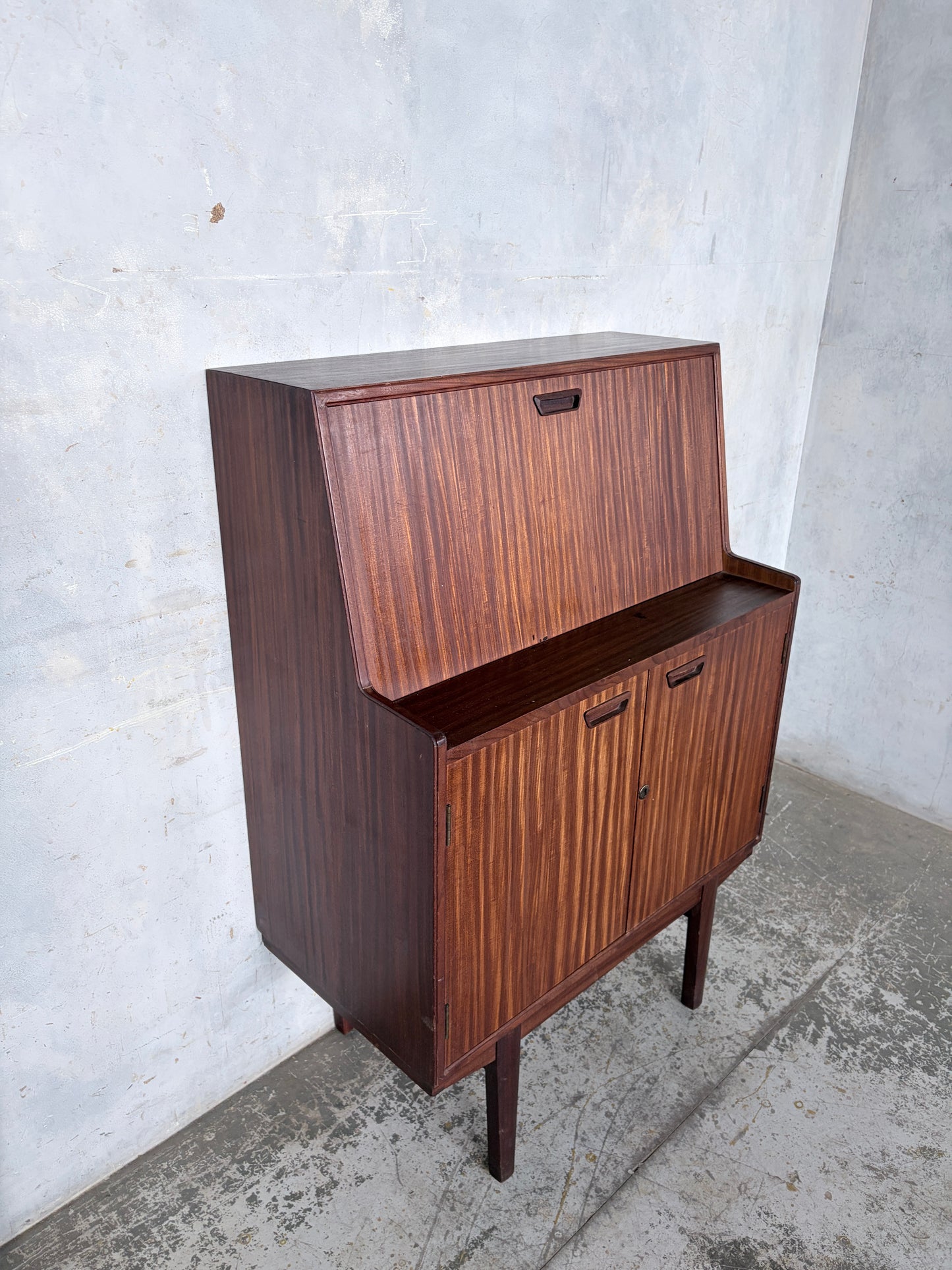 Mid Century Walnut & Teak Bureau Desk Cabinet