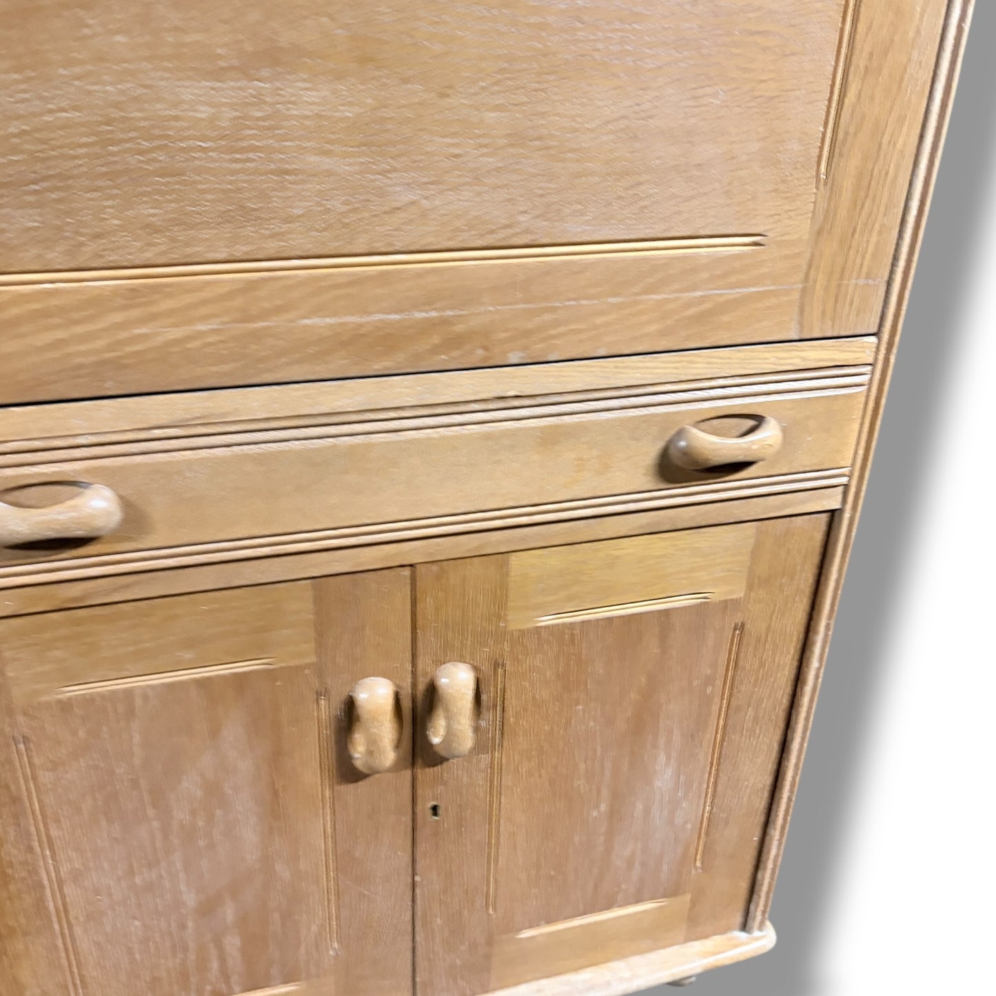 Vintage Oak Bureau - Drop Front Desk | Compact Writing Desk With Castor Wheels