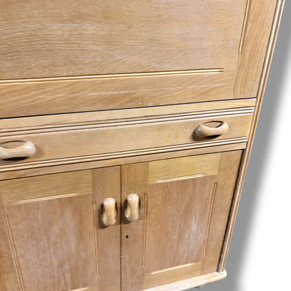 Vintage Oak Bureau - Drop Front Desk | Compact Writing Desk With Castor Wheels