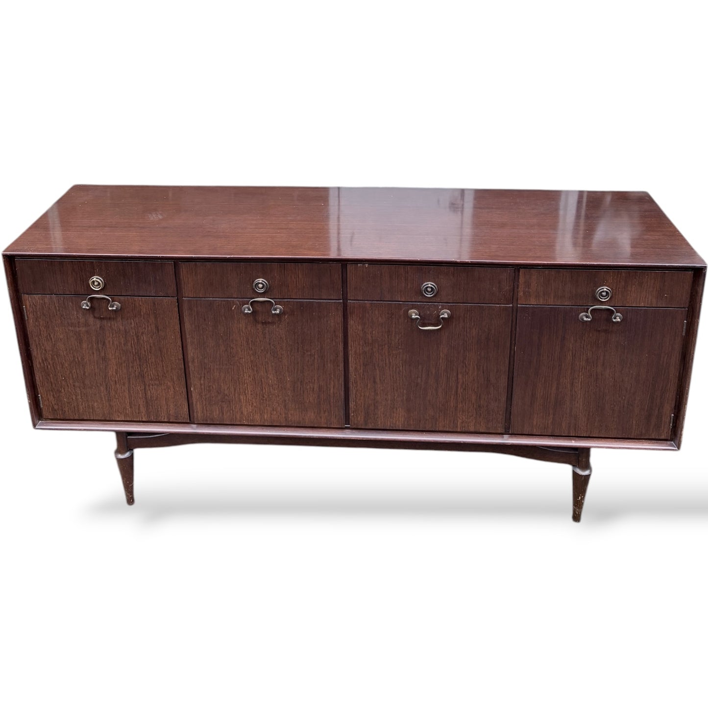 Mid-Century Sideboard - Wooden Vintage Storage With Brass Handles & Tapered Legs