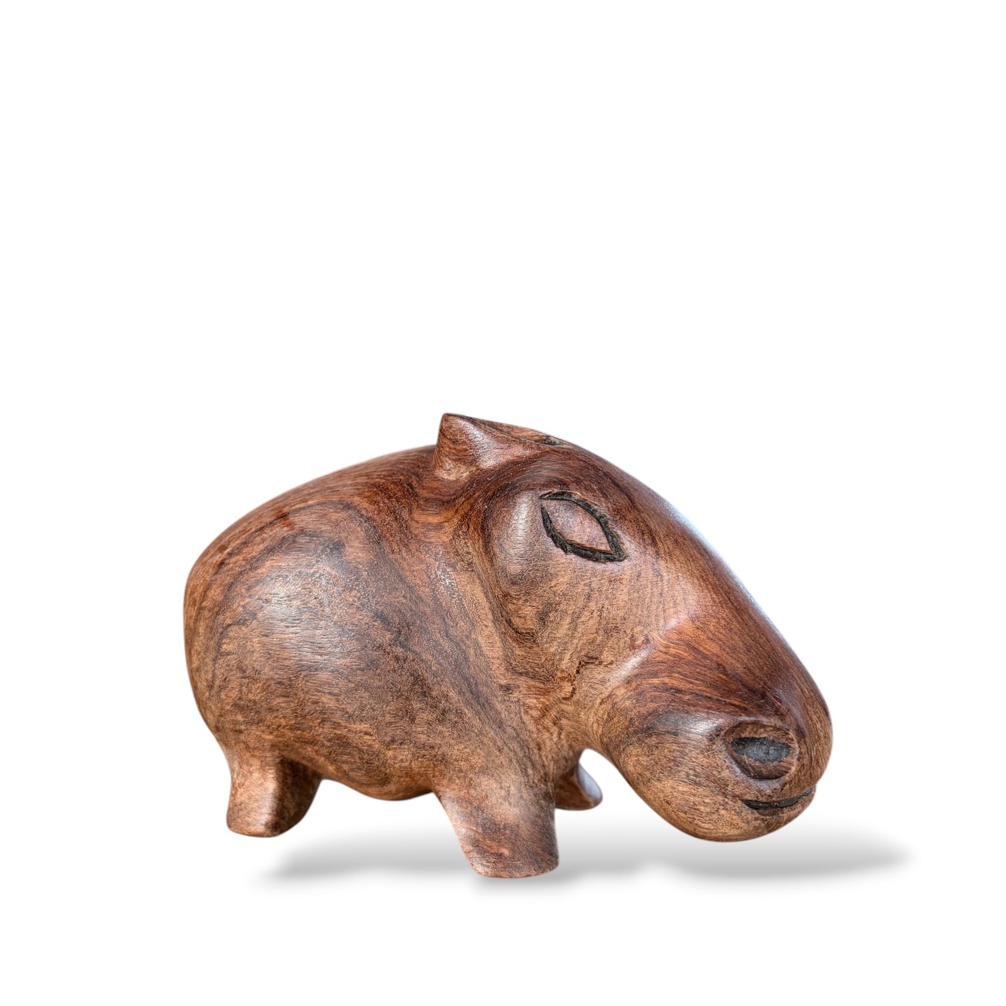 Mid Century Wooden Sculpture | Hand Carved Wood Hippo Statue With Natural Grain