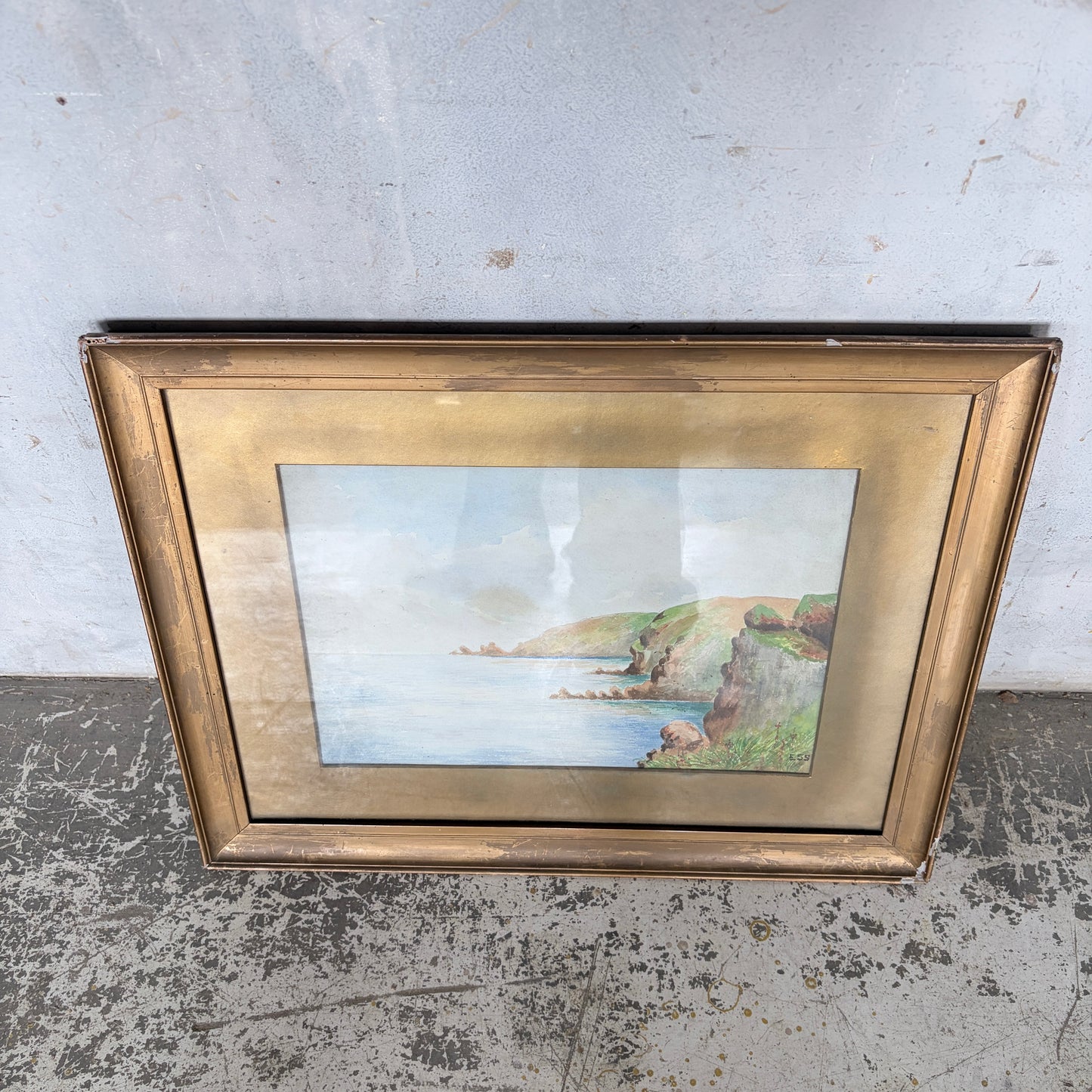 1950s Coastal Watercolour Landscape Painting in Original Gilt Frame