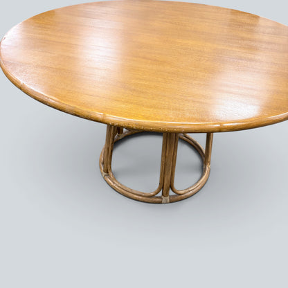 Vintage Oak & Bamboo Round Dining Table | Mid Century Rattan Pedestal Dining Table