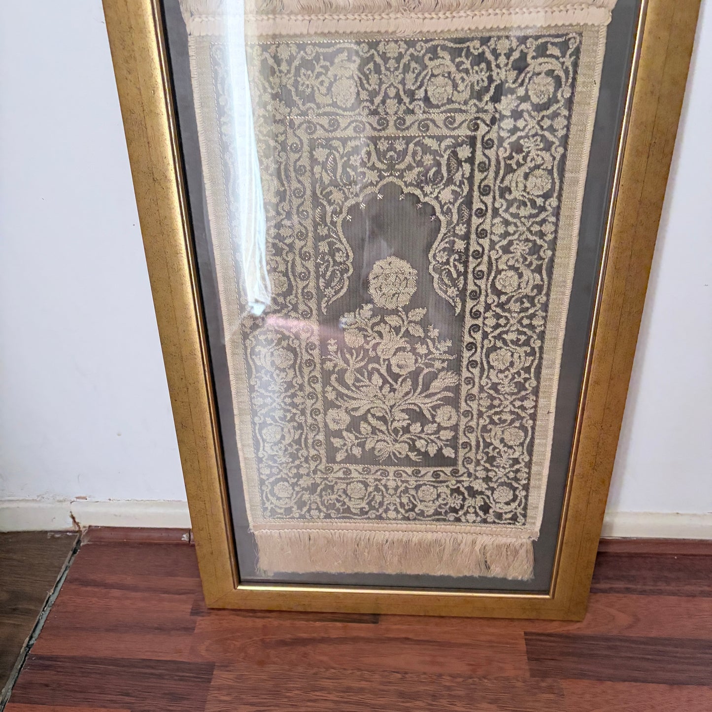 Framed Vintage Islamic Prayer Rug | Woven Textile Wall Art | Gold Frame