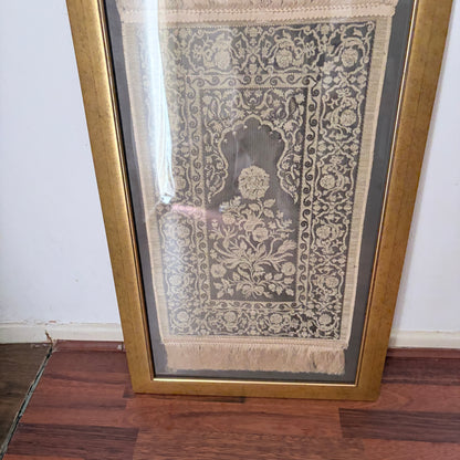 Framed Vintage Islamic Prayer Rug | Woven Textile Wall Art | Gold Frame