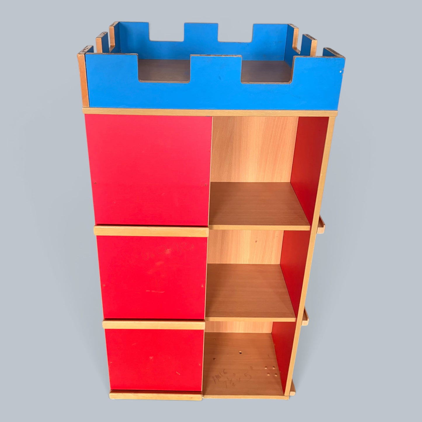 Handmade Postmodern Castle Bookcase & Vinyl Record Storage Unit – Red & Blue
