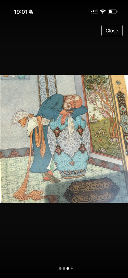 Framed Persian Miniature Art Print – Vintage Middle Eastern Illustration with Calligraphy