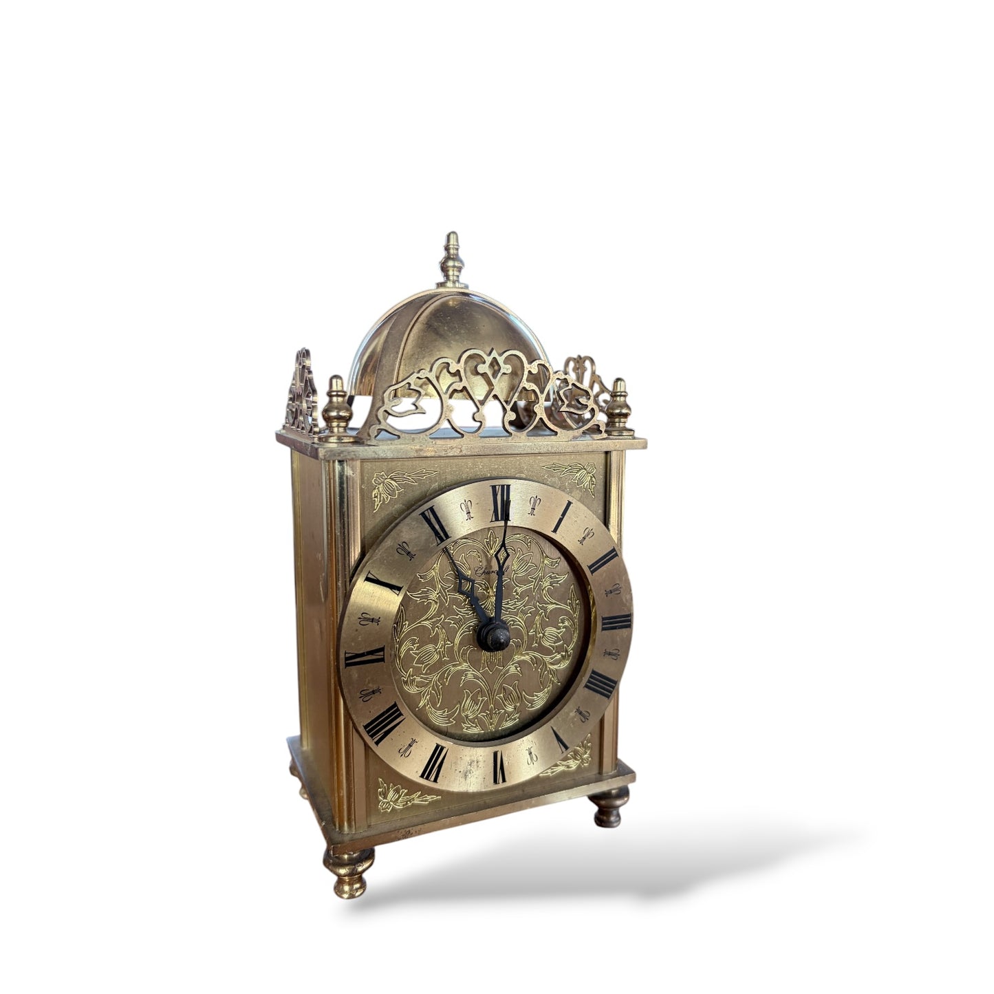 Brass Mantel Clock – Vintage Lantern Shelf Clock with Engraved Floral Dial