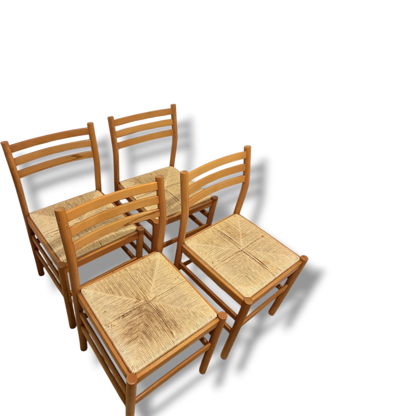 Italian Beech Dining Chairs – Set of Four Vintage Ladder Back Chairs with Woven Rush Seats