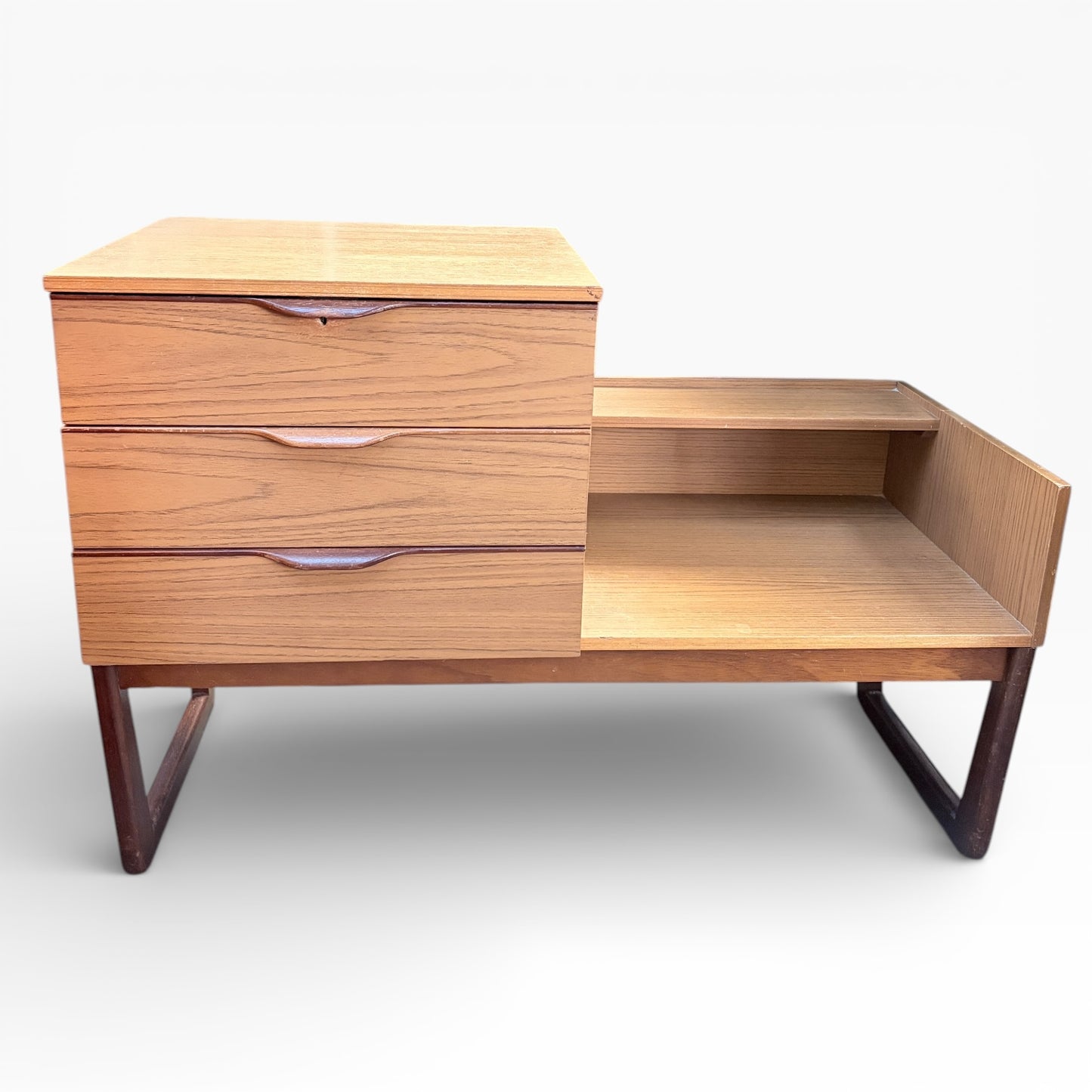 Mid Century Telephone Bench – Teak Storage Bench with Three Drawer Unit & Shelf