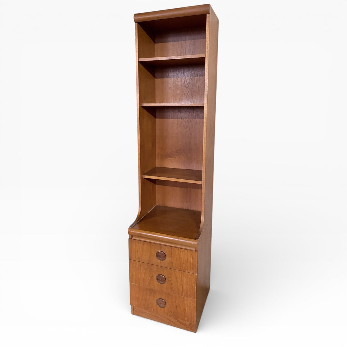 Mid-Century Tall Bookcase – Vintage Wooden Bookcase With Drawers & Open Shelving Unit