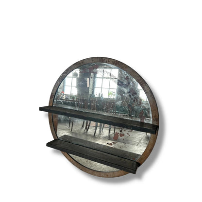 Antique Large Industrial Circular Mirror with Shelves — view 6