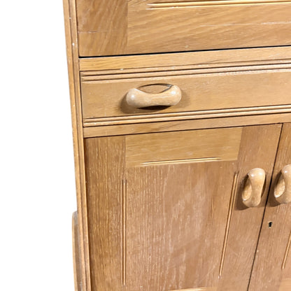 Vintage Oak Bureau - Drop Front Desk | Compact Writing Desk With Castor Wheels