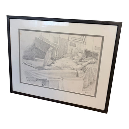 Vintage Framed Figurative Pencil Drawing – 1990s Nude Study Sketch Artwork