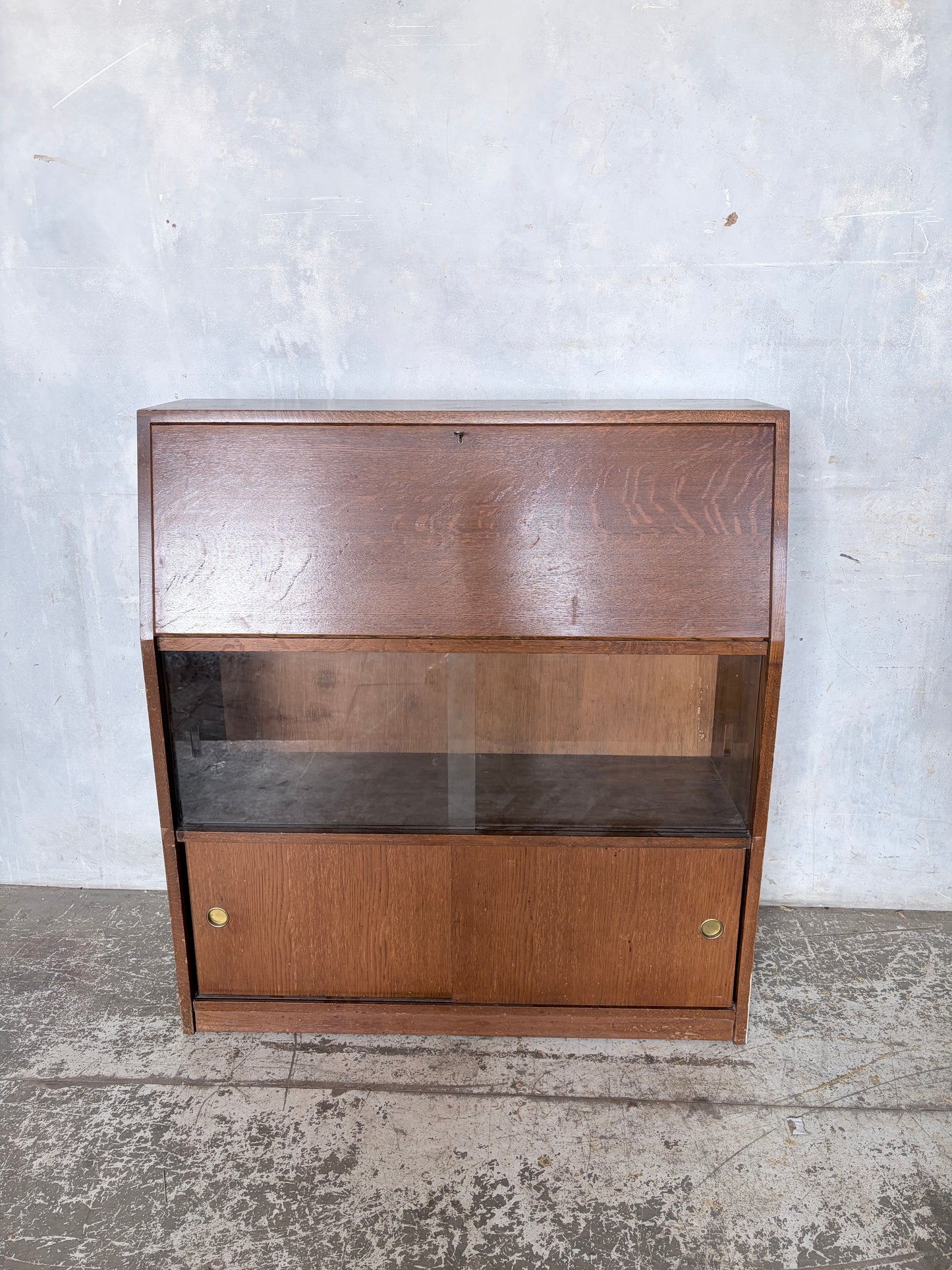 Vintage Mid Century Oak Bureau Cabinet with Sliding Doors