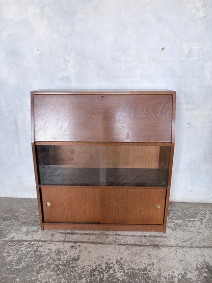Vintage Mid Century Oak Bureau Cabinet with Sliding Doors