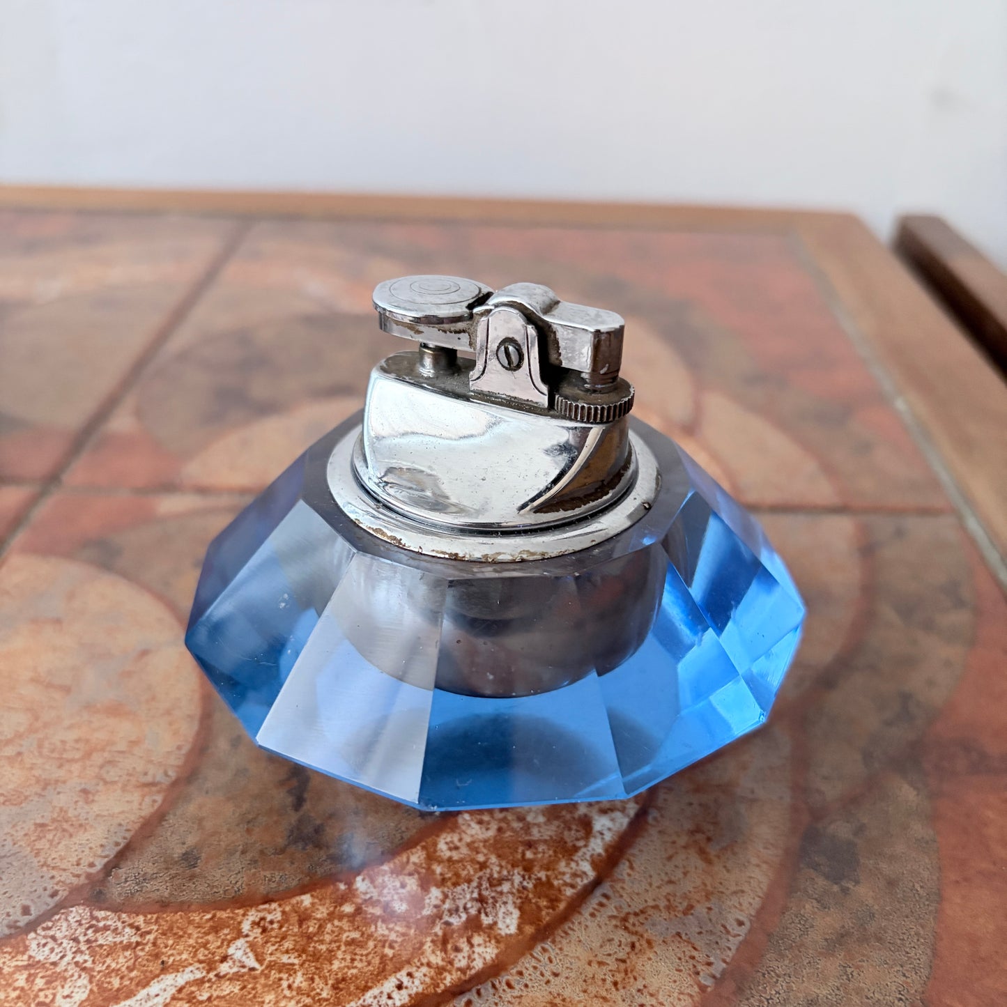 Vintage Blue Faceted Crystal Glass Table Lighter – Mid-Century