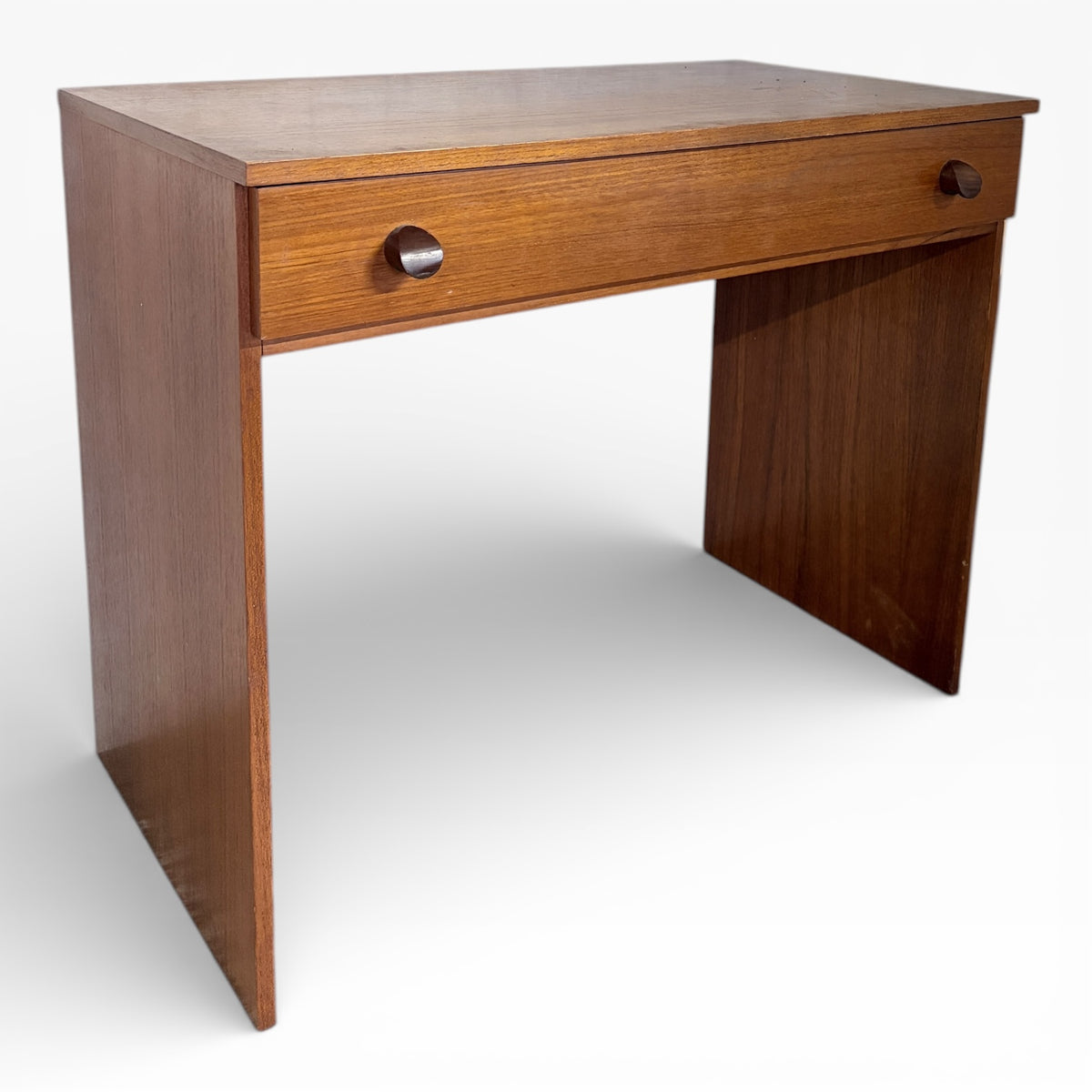 Mid Century Desk - Small Teak Writing Table with Drawer and Wooden Pulls