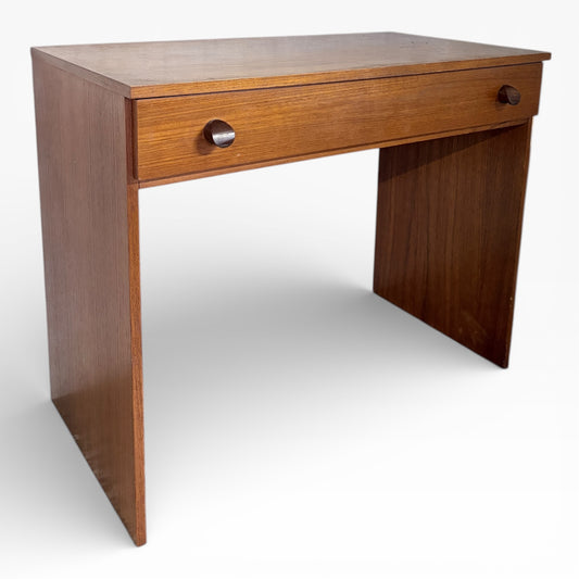 Mid Century Desk - Small Teak Writing Table with Drawer and Wooden Pulls