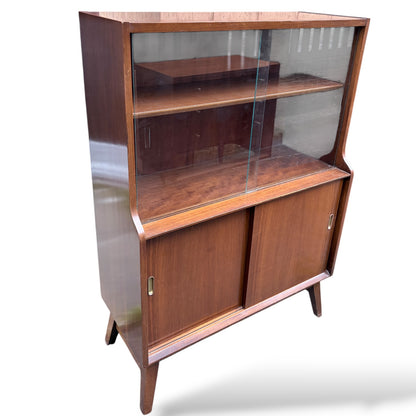 Mid Century Display Cabinet – Walnut Glazed Bookcase With Sliding Glass Doors