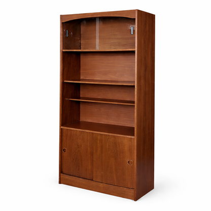 Vintage Danish Teak Tall Bookcase Cabinet with Sliding Doors
